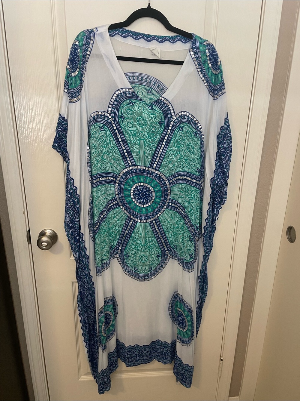 White Kaftan Cover-Up with Blue & Teal Mandala Print One Size Fits All